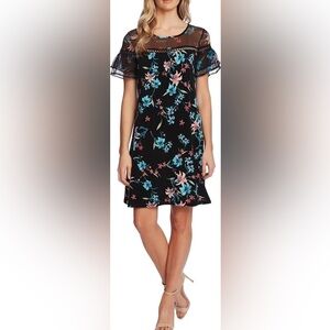 CeCe Expressive Lillies Ruffle Sleeve Mixed Media Minidress NWOT